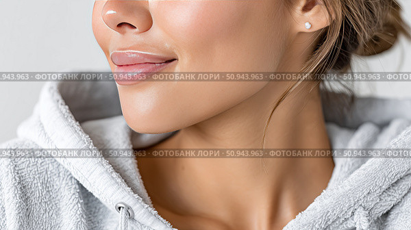 Woman in grey hoodie smiling softly against a neutral background. Стоковое AI-изображение, AI-художник Katsiaryna Repich / Фотобанк Лори