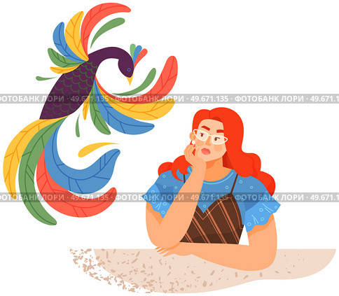 Woman in process of thinking about art. Mental mindset types or creative models to create. Mind behavior, creativity, imagination development concept. Girl imagines masterpiece of art, abstract bird. Woman in process of thinking about art, abstract bird. Creativity, imagination development concept. Стоковая иллюстрация, агентство Ingram Publishing / Фотобанк Лори