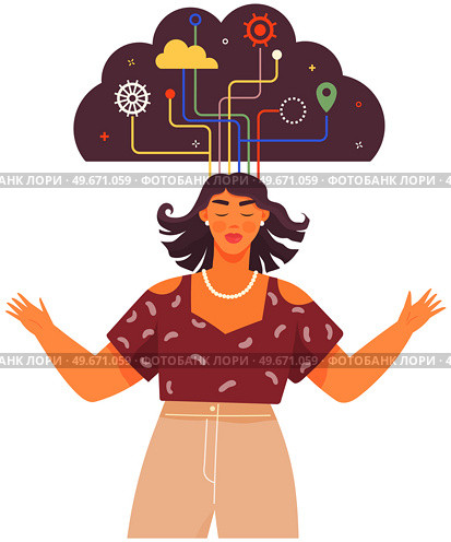 Woman in process of thinking with mental mindset types or creative models to solve problem. Person with thoughts in shape of cloud. Developing creative thinking to deal with problems, find solutions. Woman developing creative thinking with mental mindset types to deal with problems, find solutions. Стоковая иллюстрация, агентство Ingram Publishing / Фотобанк Лори