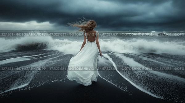 Woman in white dress walking along stormy beach under dark clouds. Женщина в струящемся белом платье прогуливается по пляжу с черным песком, а вокруг нее плещутся волны. Темные грозовые тучи доминируют на небе, создавая драматическую атмосферу. Стоковое AI-изображение, AI-художник Katsiaryna Repich / Фотобанк Лори