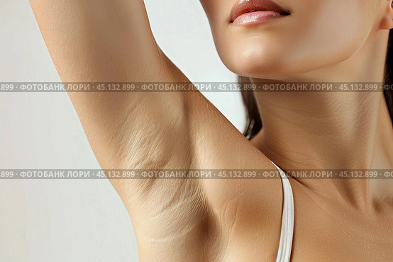Woman is showing underarm with armpit hair removal before treatment laser epilation. Стоковое AI-изображение, AI-художник Иван Рябоконь / Фотобанк Лори