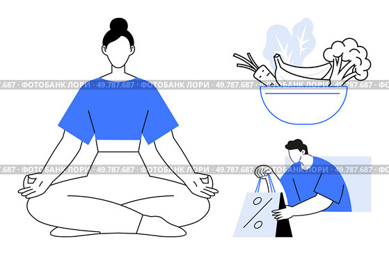 Woman meditating in lotus position, bowl of vegetables and fruits, man unpacking groceries. Ideal for wellness, healthy living, mindfulness, nutrition, meditation self-care balance. Line metaphor. Wellness Practices Meditation, Healthy Eating, and Mindful Shopping for a Balanced Lifestyle. Стоковая иллюстрация, агентство Ingram Publishing / Фотобанк Лори