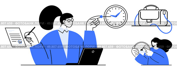 Woman multitasking with laptop, pen, and checklist while checking clock briefcase ready other woman holding steering wheel. Ideal for productivity, multitasking, time management, work-life balance. Woman Managing Time and Tasks with Laptop, Clock, and Planner. Стоковая иллюстрация, агентство Ingram Publishing / Фотобанк Лори