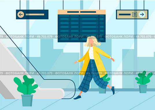 Woman on escalators in mall. Moving staircase, automatic ladder carrying visitors up and down. Elevator stairs in shopping center. Girl rushing to work in business center. Passenger goes to airport. Woman on escalators in mall. Moving staircase, automatic ladder carrying visitors up and down. Стоковая иллюстрация, агентство Ingram Publishing / Фотобанк Лори