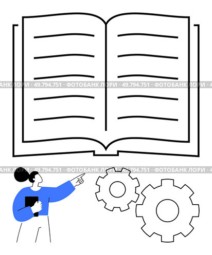 Woman pointing at two gears alongside an open book with lines of text. Ideal for education, training, instructional manuals, knowledge sharing, progress, teamwork, tutorials. Line metaphor. Woman pointing at gears next to an open book, representing learning and implementation processes. Стоковая иллюстрация, агентство Ingram Publishing / Фотобанк Лори