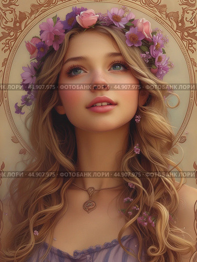 Woman portrait with floral crown in art nouveau style fantasy illustration. Стоковое AI-изображение, AI-художник Ксения Лаптева / Фотобанк Лори