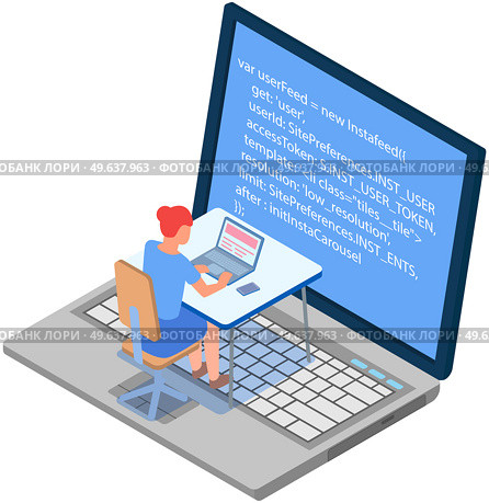 Woman programmer working on her computer. Programming or coding concept. Female character works with laptop, creates program code sitting at workplace. IT specialist is engaged in programming. Woman works with laptop, creates program code, programming, coding while sitting at workplace. Стоковая иллюстрация, агентство Ingram Publishing / Фотобанк Лори