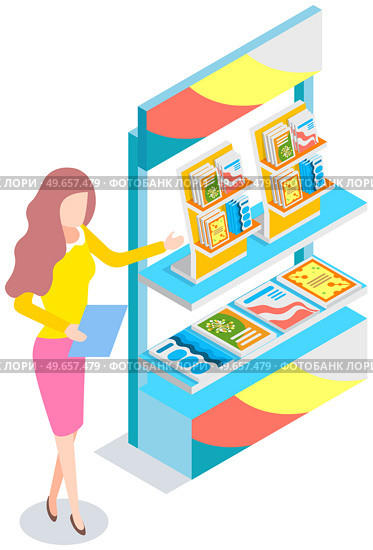 Woman promoting near stand with presentation product catalogs. Leafleting, advertising, marketing campaign, work in promotional company, promotion concept. Female promoter is sharing books, magazines. Woman promotin, advertising, leafleting near stand with presentation product catalogs, books. Стоковая иллюстрация, агентство Ingram Publishing / Фотобанк Лори