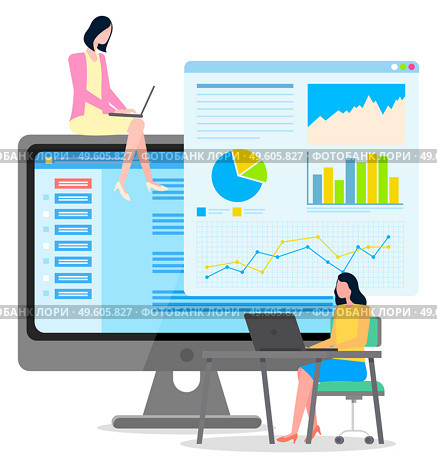 Woman sits at table using laptop, chat with client or manager, sell online. Girl sits on huge monitor with aptop on her lap, video conference, webinar or chat, monitor screen. Pie chart, bar chart. Women with laptops, huge monitor with video conference, chat, analytic information. Flat image. Стоковая иллюстрация, агентство Ingram Publishing / Фотобанк Лори