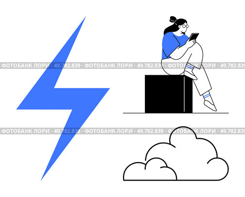 Woman sitting on a block using a smartphone, large blue lightning bolt, and simple cloud. Ideal for technology, communication, weather forecasting, online services, digitalization, creativity. Woman Sitting on Block Using Smartphone with Blue Lightning Bolt and Cloud Below. Стоковая иллюстрация, агентство Ingram Publishing / Фотобанк Лори