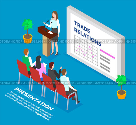 Woman standing near board with data diagrams and explain it to people. Lady stand by microphone and report to audience about trade relations. Men and women learn about commerce. Vector, isometric. Woman Report to Audience About Trade Relations. Стоковая иллюстрация, агентство Ingram Publishing / Фотобанк Лори