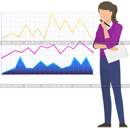 Woman studies statistics on presentation. Female character while working or studying with report. Girl working and analyzing financial statistics. Female marketer examines information about metrics. Woman studies statistics on presentation. Female character while working or studying with report. Стоковая иллюстрация, агентство Ingram Publishing / Фотобанк Лори