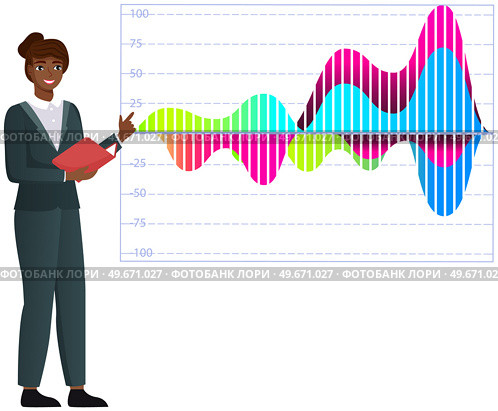 Woman studies statistics on presentation. Female character while working or studying with report. Girl working and analyzing financial statistics. Female marketer examines information about metrics. Woman studies statistics on presentation. Female character while working or studying with report. Стоковая иллюстрация, агентство Ingram Publishing / Фотобанк Лори