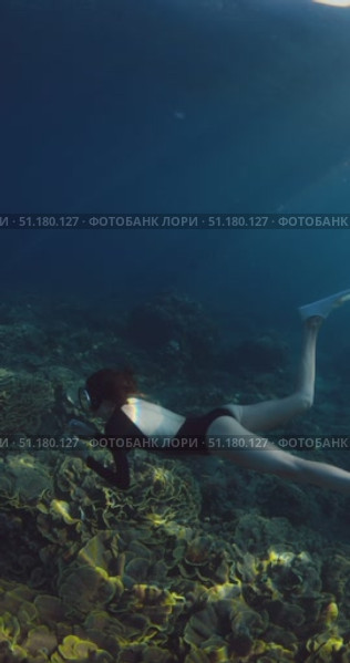 Woman swims underwater on coral reef with sun rays in Raja Ampat, Indonesia. Стоковое видео, видеограф Wonderful nature / Фотобанк Лори