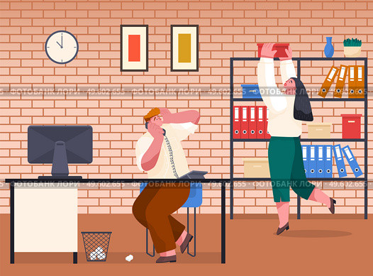 Woman take carton box from rack with shelves. Office worker take archive files. Chaos in office. Office worker with phone scared looking. Unorganized guy try to solve work difficulties in last time. Woman take carton box from rack, office worker with phone scared looking, chaos in office, deadline. Стоковая иллюстрация, агентство Ingram Publishing / Фотобанк Лори