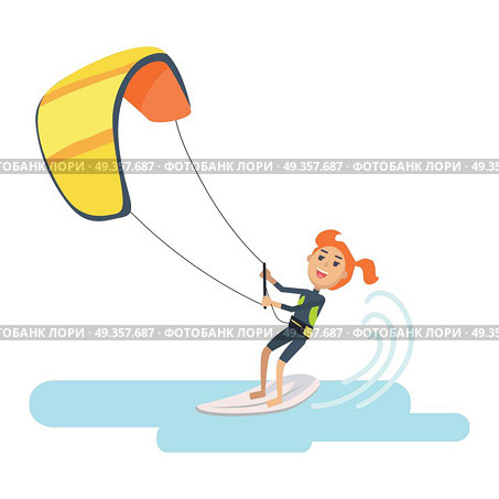 Woman Takes Part at Kite Surfing Spain Festival. Woman takes part at kite surfing Spain festival isolated on white. Kitesurfing is style of kiteboarding. Girl windsurfing on water surface with air kite. Water sport vector illustration in flat style. Стоковая иллюстрация, агентство Ingram Publishing / Фотобанк Лори