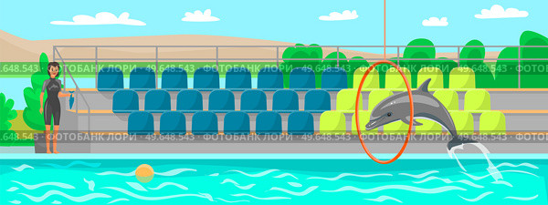 Woman trains dolphin, trainer feeds animal with fish in dolphinarium. Dolphin showing trick, jumping through hoop in pool on background of seats for spectators. Show with marine animal in oceanarium. Dolphin shows trick, jumps through hoop on background of seats for spectators during training. Стоковая иллюстрация, агентство Ingram Publishing / Фотобанк Лори