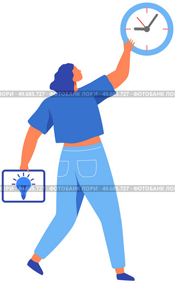 Woman trying to delay time, deadline. Lady holding tablet with light bulb icon as symbol of new idea. Planning, punctuality, time management. Female character looking at clock vector illustration. Woman trying to delay time, deadline. Lady holding tablet with light bulb icon looks at clock. Стоковая иллюстрация, агентство Ingram Publishing / Фотобанк Лори