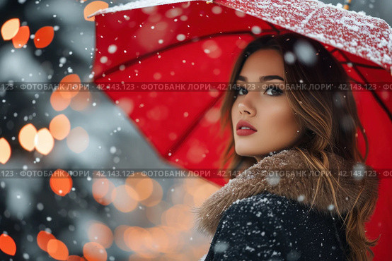 Woman under red umbrella in fabulous winter landscape. Стоковое AI-изображение, AI-художник Юрий Поздников / Фотобанк Лори