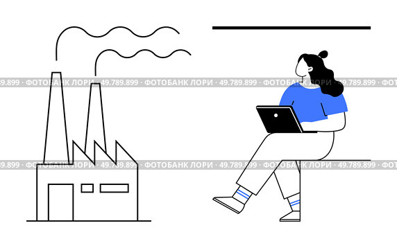 Woman using a laptop seated next to a factory emitting smoke. Ideal for remote work, industrial oversight, pollution control, environmental awareness, technology integration, work-life balance. Remote Worker with Laptop Overseeing Industrial Factory Emissions. Стоковая иллюстрация, агентство Ingram Publishing / Фотобанк Лори