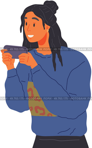 Woman using her phone. Concept of sharing news, refer friends online. Girl holding mobile gadget with icons on screen. Person forwards messages to friends or colleagues. Smartphone addiction. Woman using her phone. Concept of sharing news, refer friends online. Girl holding smartphone. Стоковая иллюстрация, агентство Ingram Publishing / Фотобанк Лори