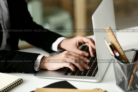 Woman using laptop at table. Concept of study. Стоковое фото, фотограф Pixel_shot / Фотобанк Лори