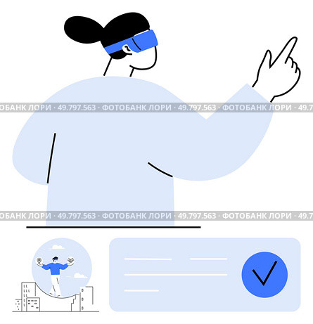 Woman using VR headset while pointing, includes cityscape and approved checkmark. Ideal for technology promotion, virtual reality, AR experience, innovation, future tech, digital interaction. Woman using virtual reality technology with AR headset and interactive elements. Стоковая иллюстрация, агентство Ingram Publishing / Фотобанк Лори