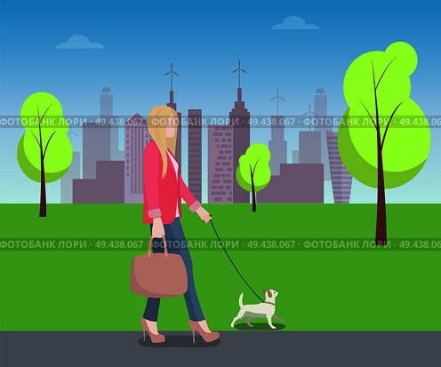 Woman walking with pet in park, colorful poster, lady in pink jacket with big handbag, heeled shoes, cute dog, trees and grass, vector illustration. Woman Walking with Pat in Park, Colorful Poster. Стоковая иллюстрация, агентство Ingram Publishing / Фотобанк Лори