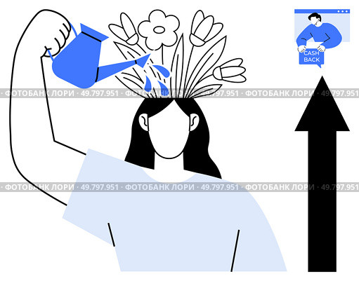 Woman watering blooming flowers on her head indicating growth creativity and self-improvement Arrows, symbolize positive progression while cashback sign suggests rewards or benefits Ideal for. Human Head Flowers with Watering Can Growth Vector Illustration. Стоковая иллюстрация, агентство Ingram Publishing / Фотобанк Лори