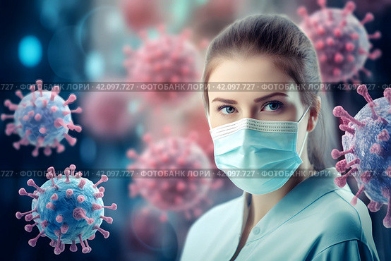 Woman wearing an anti virus protection mask to prevent others from corona COVID-19 and SARS cov 2 infection. Стоковое AI-изображение, AI-художник Ирина Старикова / Фотобанк Лори