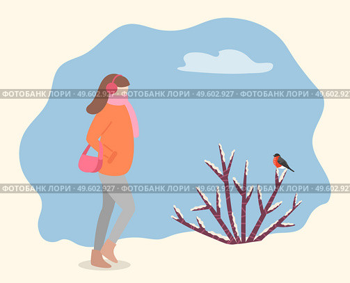 Woman wearing warm winter jacket and carrying handbag walking in forest or park. Female passing bush covered with branch. Bulfinch sitting on snowy twig, rural countryside vector in flat style. Female Character with Bag Strolling in Park Vector. Стоковая иллюстрация, агентство Ingram Publishing / Фотобанк Лори