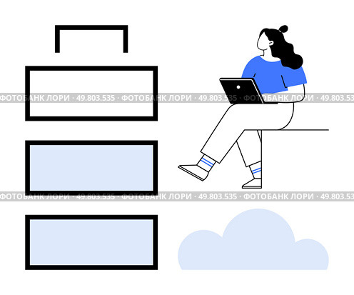 Woman with a laptop sitting next to a battery level icon showing multiple charging states, and a cloud. Ideal for tech, remote work, education, cloud computing, energy efficiency, productivity. Woman working on laptop with battery charging levels and a cloud in the background. Стоковая иллюстрация, агентство Ingram Publishing / Фотобанк Лори