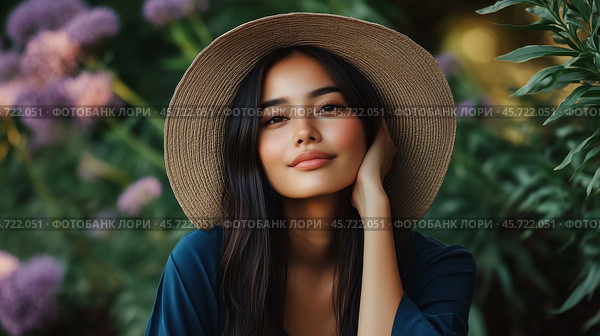 Woman with a wide-brim hat enjoying a serene moment in a lush garden during the day. Стоковое AI-изображение, AI-художник Сергей Толмачёв / Фотобанк Лори