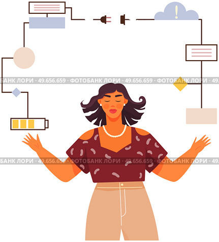 Woman with logical, analytical, strategic, structural thinking mental mindset type. Mind behavior, mental perceiving, psychological concept with girl and scheme, female with technical mindset. Woman with logical, analytical, strategic thinking mental mindset type, personality predisposition. Стоковая иллюстрация, агентство Ingram Publishing / Фотобанк Лори