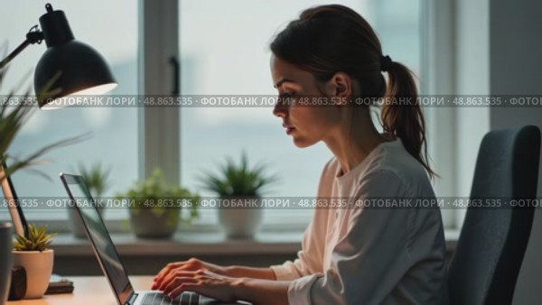 Woman Worker Work on Laptop Desk Office, remote work on notebook. AI Generative. Стоковое AI-видео, аниматор Spirit River / Фотобанк Лори