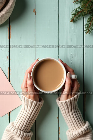 Woman's hands holding a mug of warm coffee. Стоковое AI-изображение, AI-художник Boris Vasilenko / Фотобанк Лори