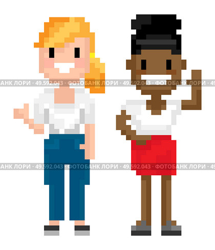 Womans pixelated graphics of 8 bit game isolated character of pixel game, mosaic representation, Afro American and Evropean personages, friends spending time together, for business or education. Character of Pixel 8 Bit Game, Man and Woman Vector. Стоковая иллюстрация, агентство Ingram Publishing / Фотобанк Лори