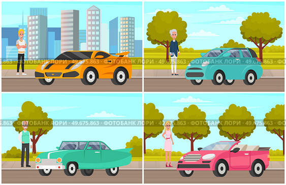 Women and man of different generations next to their personal transport. Stages of development of lady, adolescence, maturity, old age. Elderly, adult and young people standing near automobiles, cars. People of different generations next to their personal transport. People standing near automobiles. Стоковая иллюстрация, агентство Ingram Publishing / Фотобанк Лори