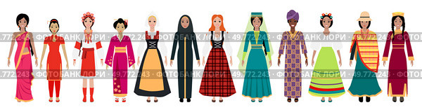 Women from diverse cultures in traditional clothing highlighting global cultural unity. For cultural diversity, tradition, world heritage, multiculturalism, cultural representation, global unity.. Women from various cultures in traditional attire highlighting global diversity and cultural unity. Стоковая иллюстрация, агентство Ingram Publishing / Фотобанк Лори