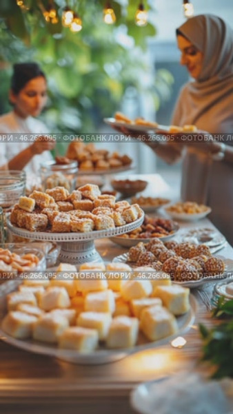 Women serving traditional sweets at a festive table. Стоковое AI-видео, аниматор Юрий Поздников / Фотобанк Лори
