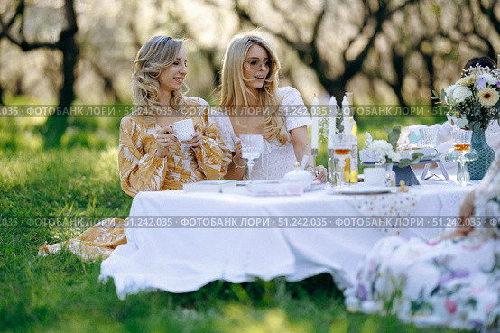 Women sitting at a table in the grass drinking tea. Стоковое фото, фотограф Cantemir Dumitru / Фотобанк Лори