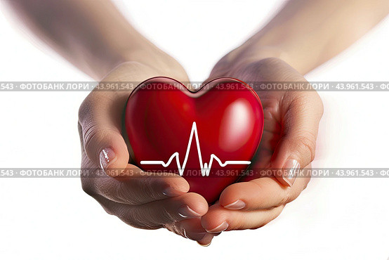 Women's hands hold a heart symbol on a white background. The concept of health care. Стоковое AI-изображение, AI-художник Ярославский Максим / Фотобанк Лори