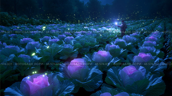 Wonder and magic in a glowing cabbage field at twilight with fireflies illuminating the scene. Стоковое AI-изображение, AI-художник Сергей Толмачёв / Фотобанк Лори