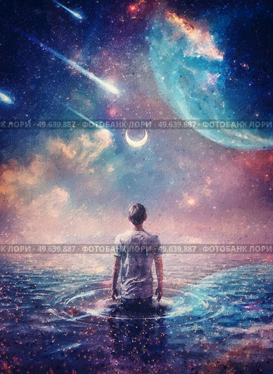 Wonderful cosmic painting with a person in the ocean of space. Surreal scene, starry night sky on another planet and a wanderer walks in the water watching the crescent moon, meteor shower and nebulas. Стоковое фото, агентство Ingram Publishing / Фотобанк Лори
