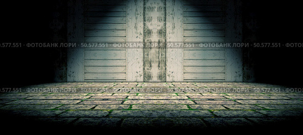 Wood door and cement floor background. Floor and wood door background. Стоковое фото, агентство Ingram Publishing / Фотобанк Лори