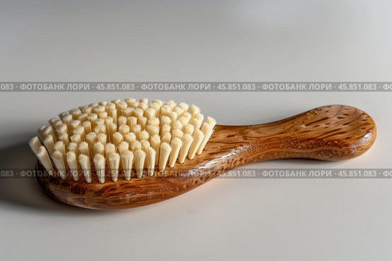 Wooden bath brush with natural bristles is lying on white background. Стоковое AI-изображение, AI-художник Иван Рябоконь / Фотобанк Лори