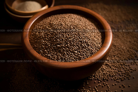 Wooden bowl overflowing with nutritious amaranth seeds on rustic table. Стоковое AI-изображение, AI-художник Иван Рябоконь / Фотобанк Лори