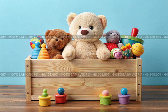 Wooden box with children's toys. A container with a teddy bear and educational wooden toys on a light blue background. Стоковое AI-изображение, AI-художник Photojuli / Фотобанк Лори