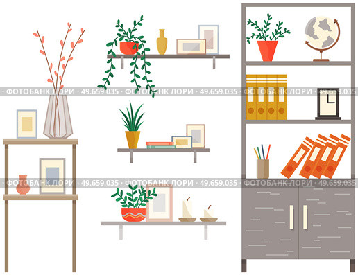 Wooden cabinets and racks with interior decoration isolated on white background. Books, potted plants, vase, picture, globe, documents on shelves. Furniture, interior element, open cabinets, shelves. Wooden cabinets and racks with interior decoration. Books, potted plants, documents on shelves. Стоковая иллюстрация, агентство Ingram Publishing / Фотобанк Лори
