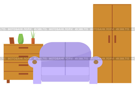Wooden cheat and wardrobe near violet sofa. Furniture and decor as vase,plant in pot and frame for photos. Comfortable living room vector illustration. Furniture for Home as Sofa, Chest and Wardrobe. Стоковая иллюстрация, агентство Ingram Publishing / Фотобанк Лори